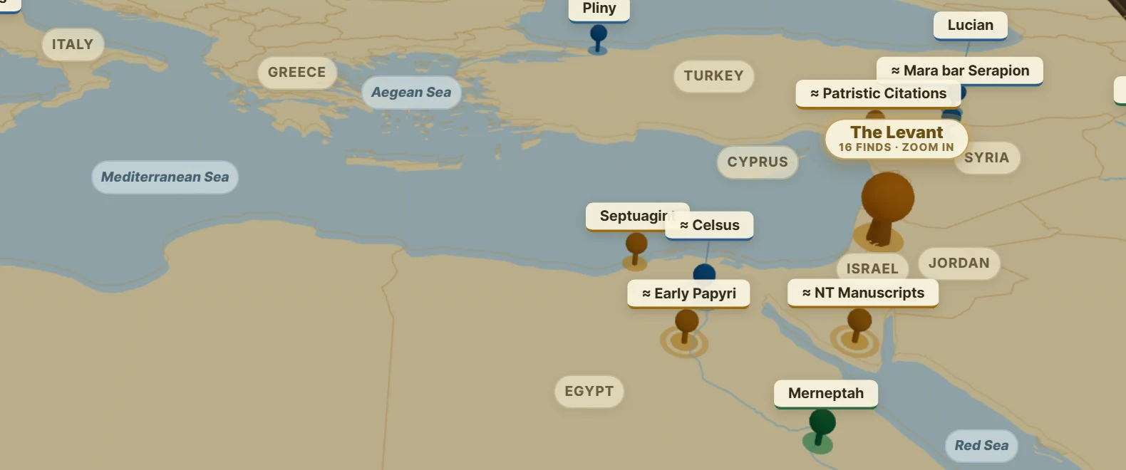 The Historical Atlas map of the eastern Mediterranean, with finds clustered in the Levant