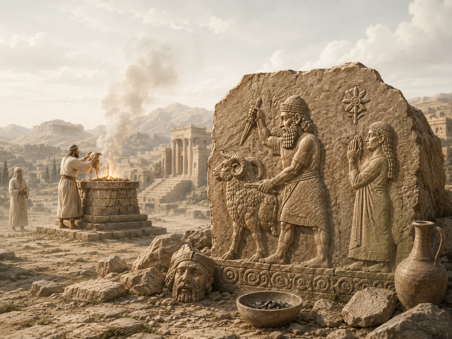 Ancient sacrificial context with altar and carved relief