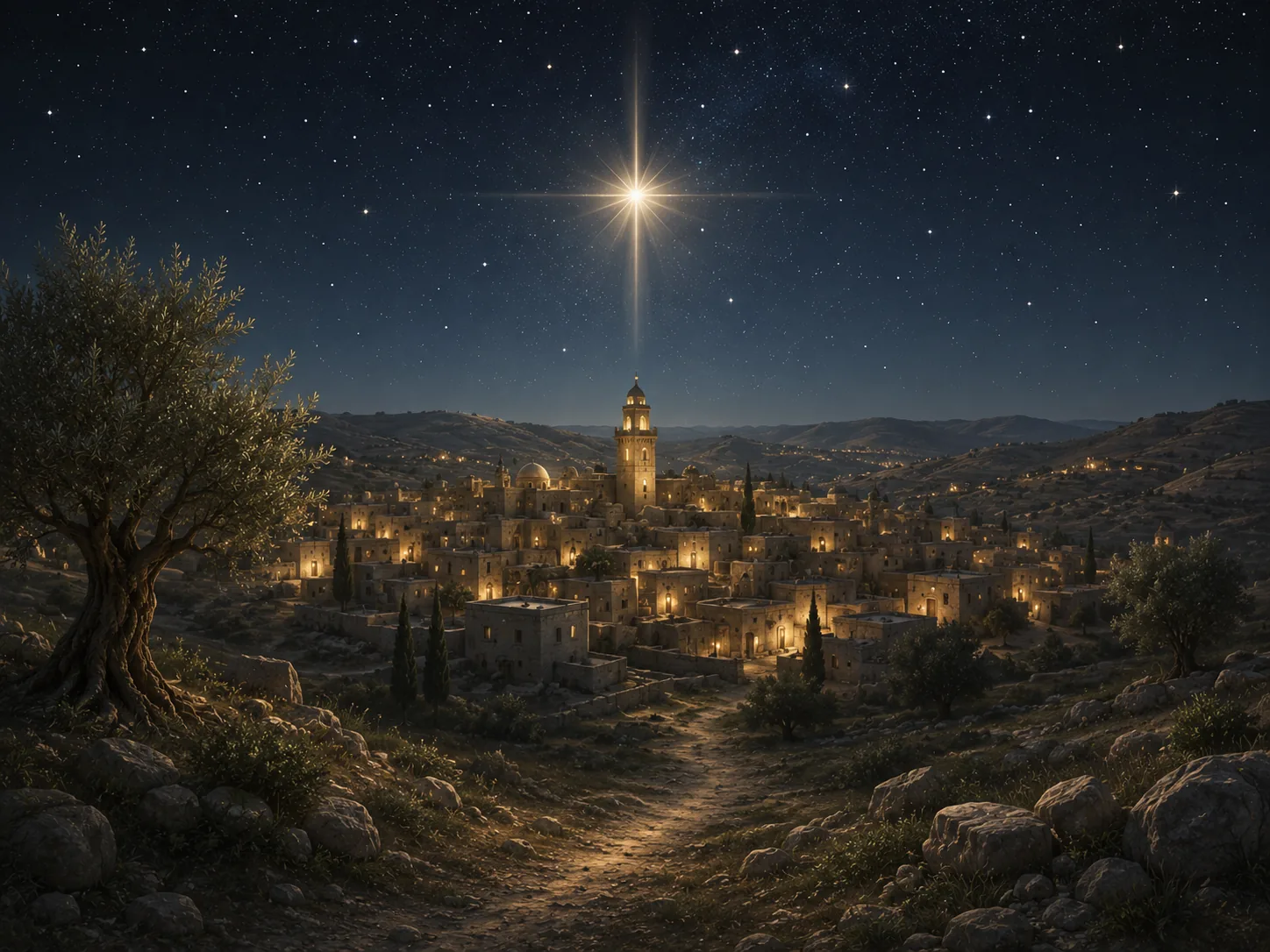 Bethlehem at night beneath a bright star