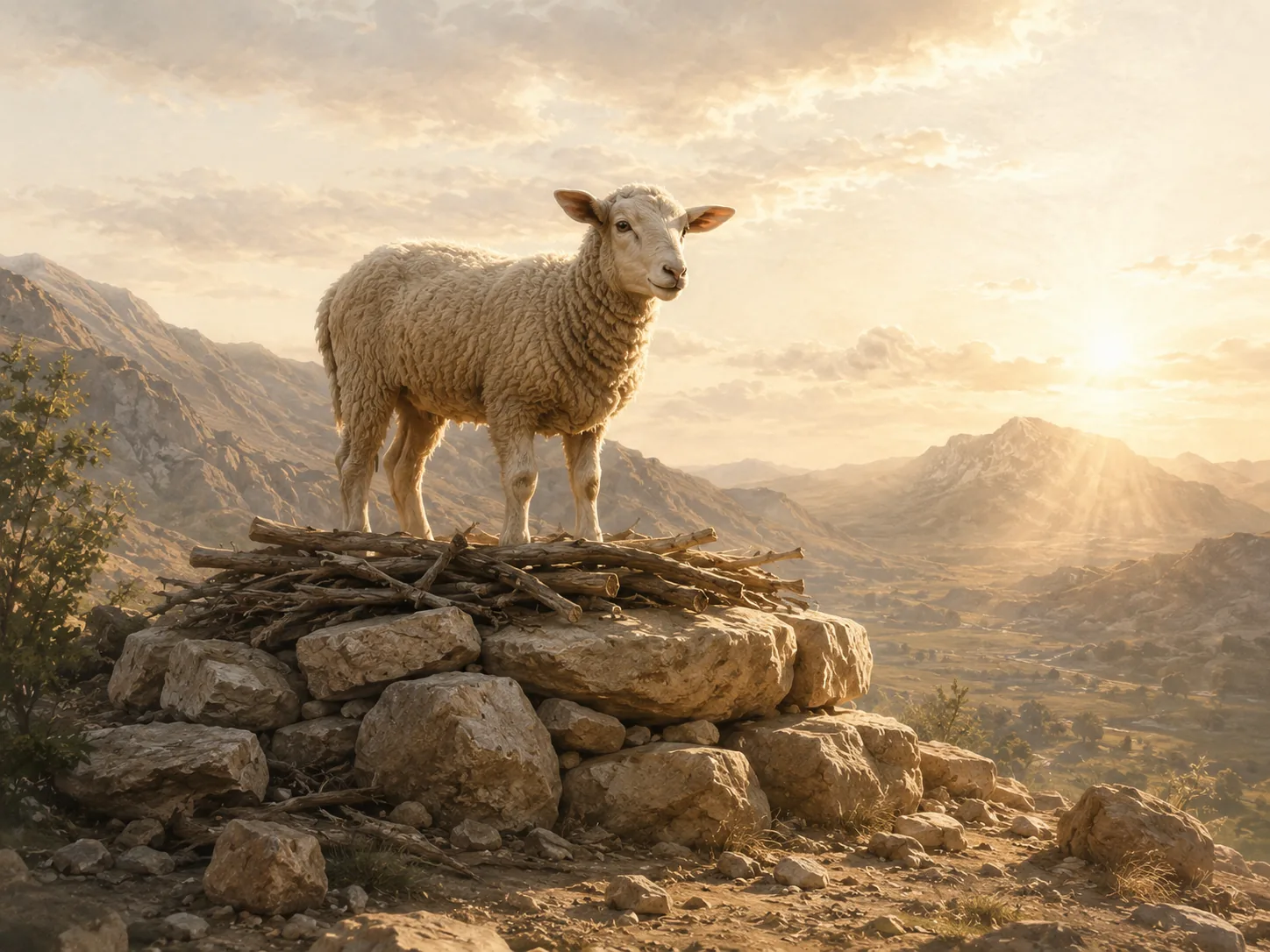 A lamb standing on a stone altar at sunrise